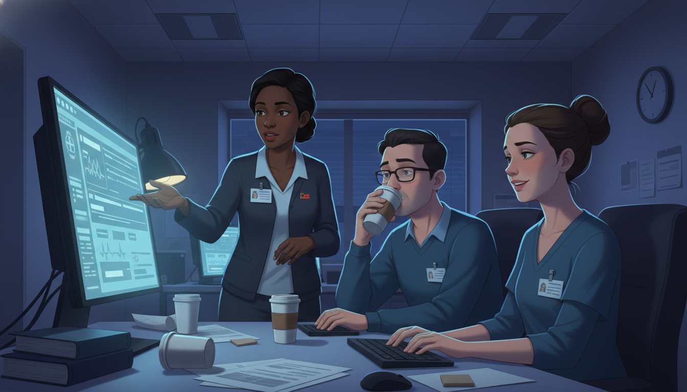 Internal medicine residents reviewing patient charts during a night shift Internal medicine residents reviewing patient charts during a night shift - IMG residency guide for Work-Life Balance Assessm