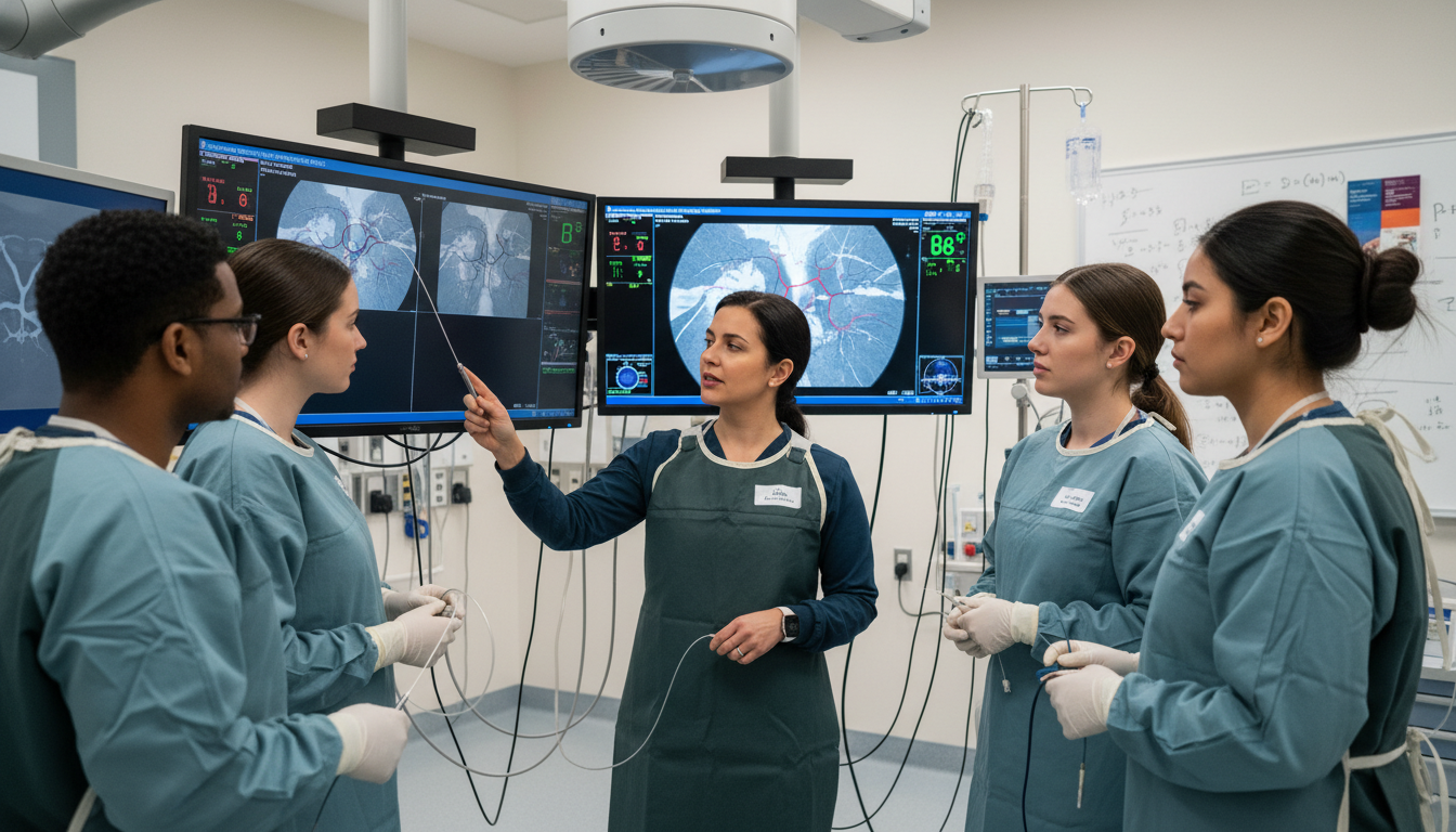 Interventional radiologist in teaching hospital guiding residents during procedure Interventional radiologist in teaching hospital guiding residents during procedure - IMG residency guide for Academic vs Priv
