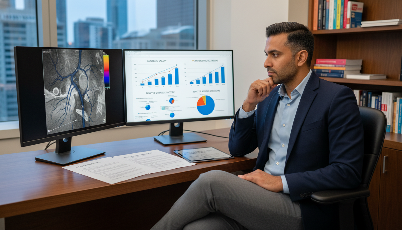 Interventional radiologist reviewing financial and career options Interventional radiologist reviewing financial and career options - IMG residency guide for Academic vs Private Practice for