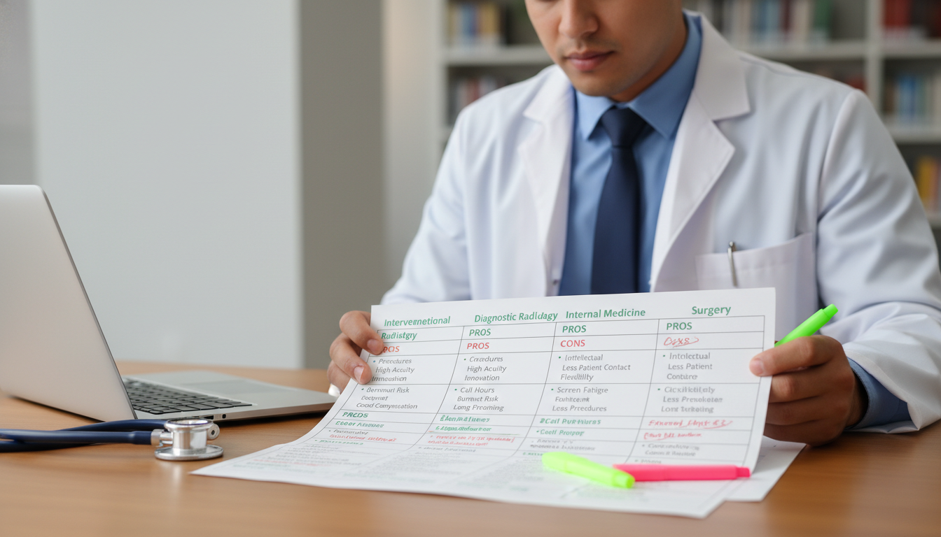 International medical graduate comparing residency backup specialties using charts and notes International medical graduate comparing residency backup specialties using charts and notes - IMG residency guide for Backup