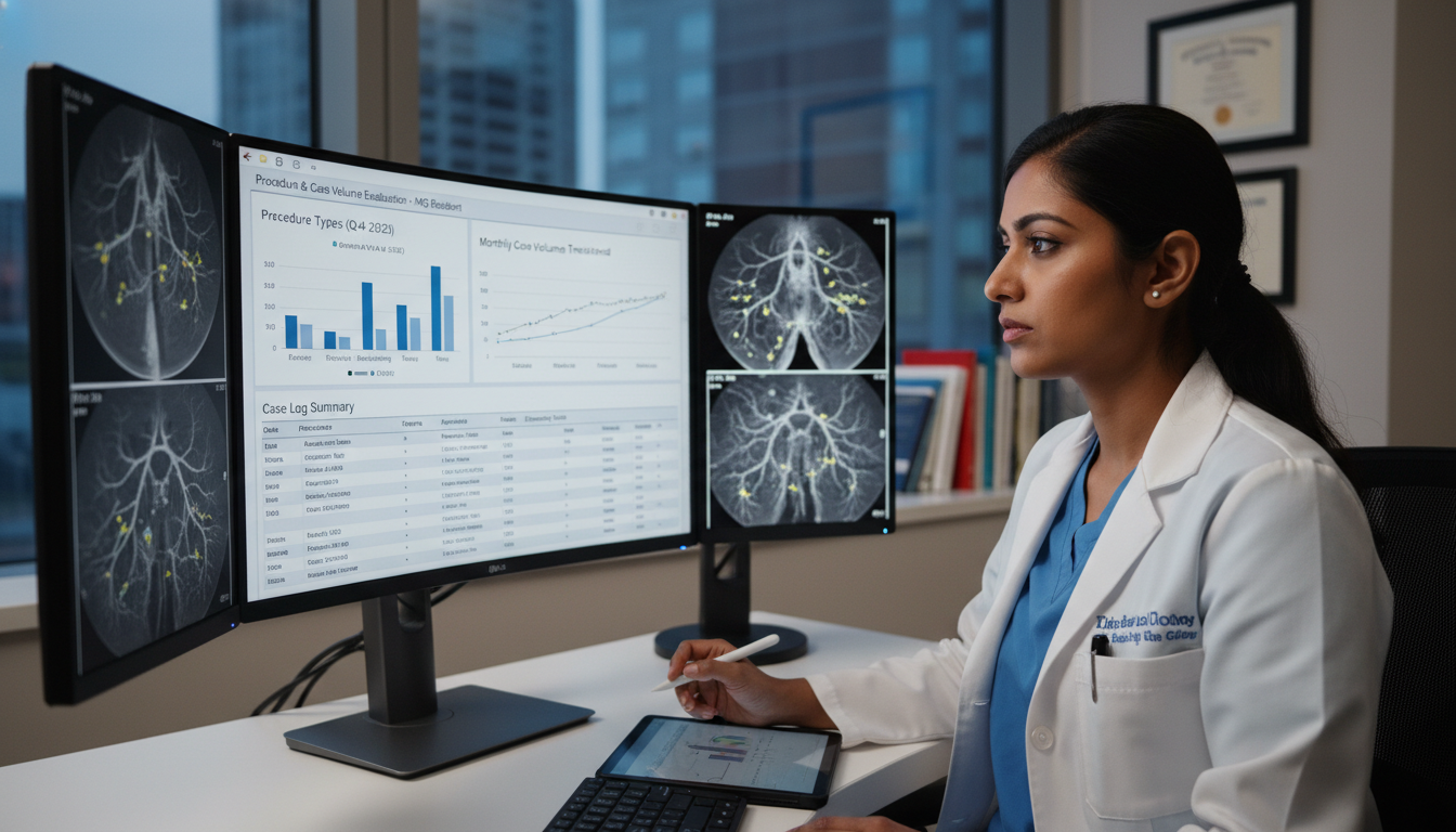 IMG interventional radiology resident reviewing digital case log IMG interventional radiology resident reviewing digital case log - IMG residency guide for Case Volume Evaluation for Interna