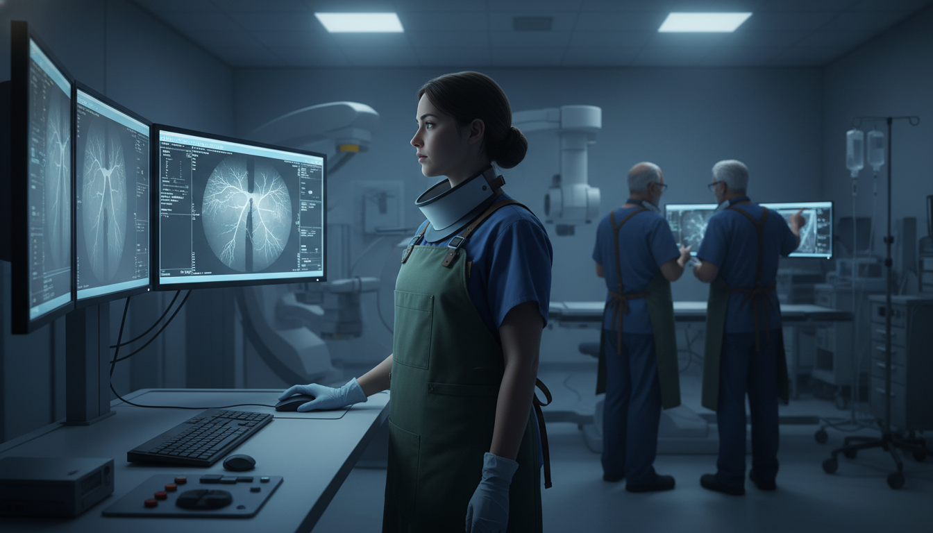 Interventional radiology resident reviewing imaging in angiography suite Interventional radiology resident reviewing imaging in angiography suite - IMG residency guide for H-1B Sponsorship Programs