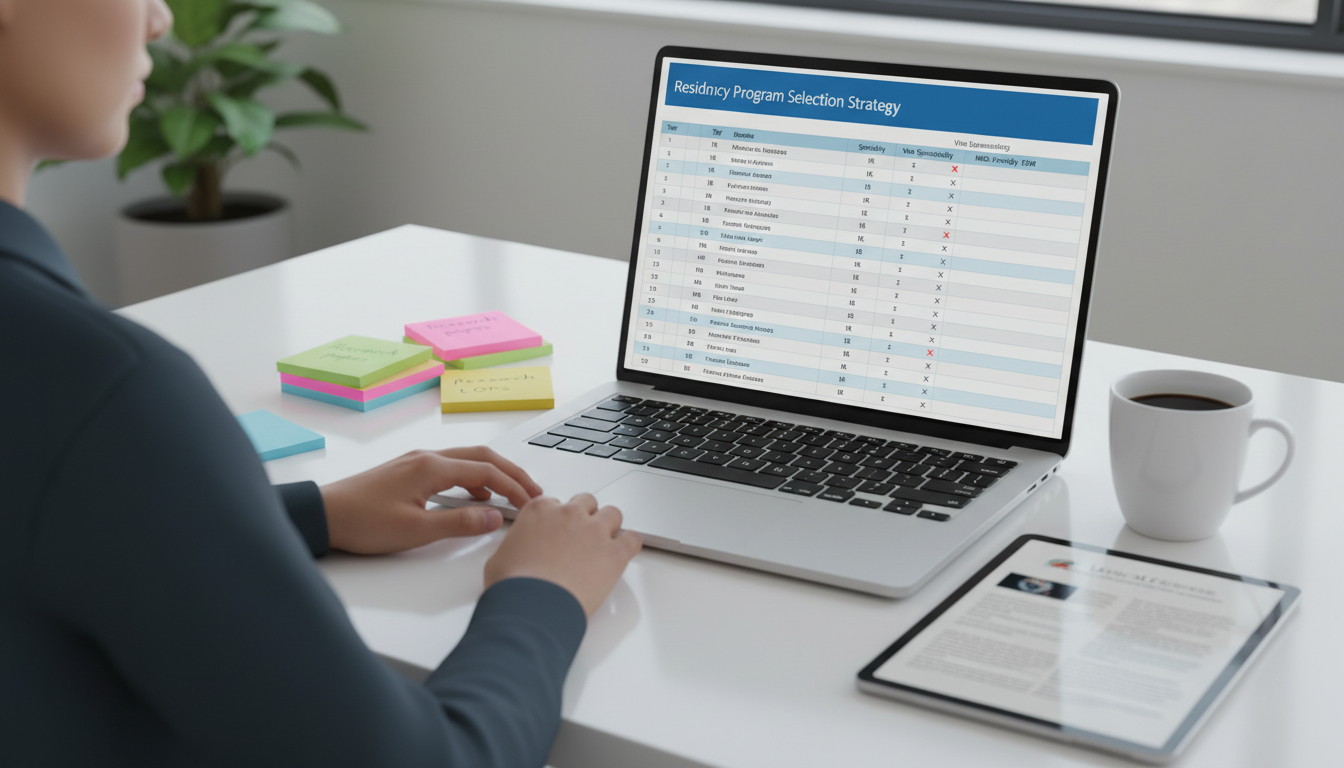 International medical graduate creating a tiered residency application list on laptop - IMG residency guide for Program Selec