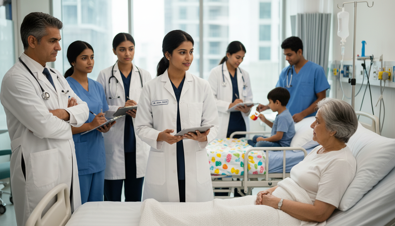 IMG student working with medicine pediatrics team during away rotation - IMG residency guide for Away Rotation Strategy for I