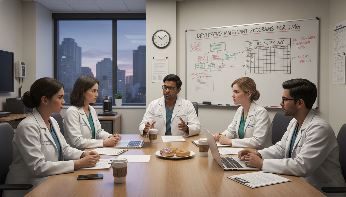 Residents discussing workload and wellness in a hospital conference room Residents discussing workload and wellness in a hospital conference room - IMG residency guide for Identifying Malignant Prog