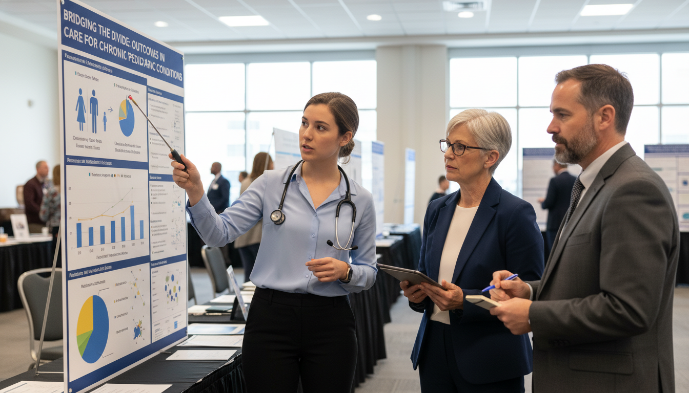 Medicine-Pediatrics resident presenting research poster at a conference - IMG residency guide for Research Profile Building f