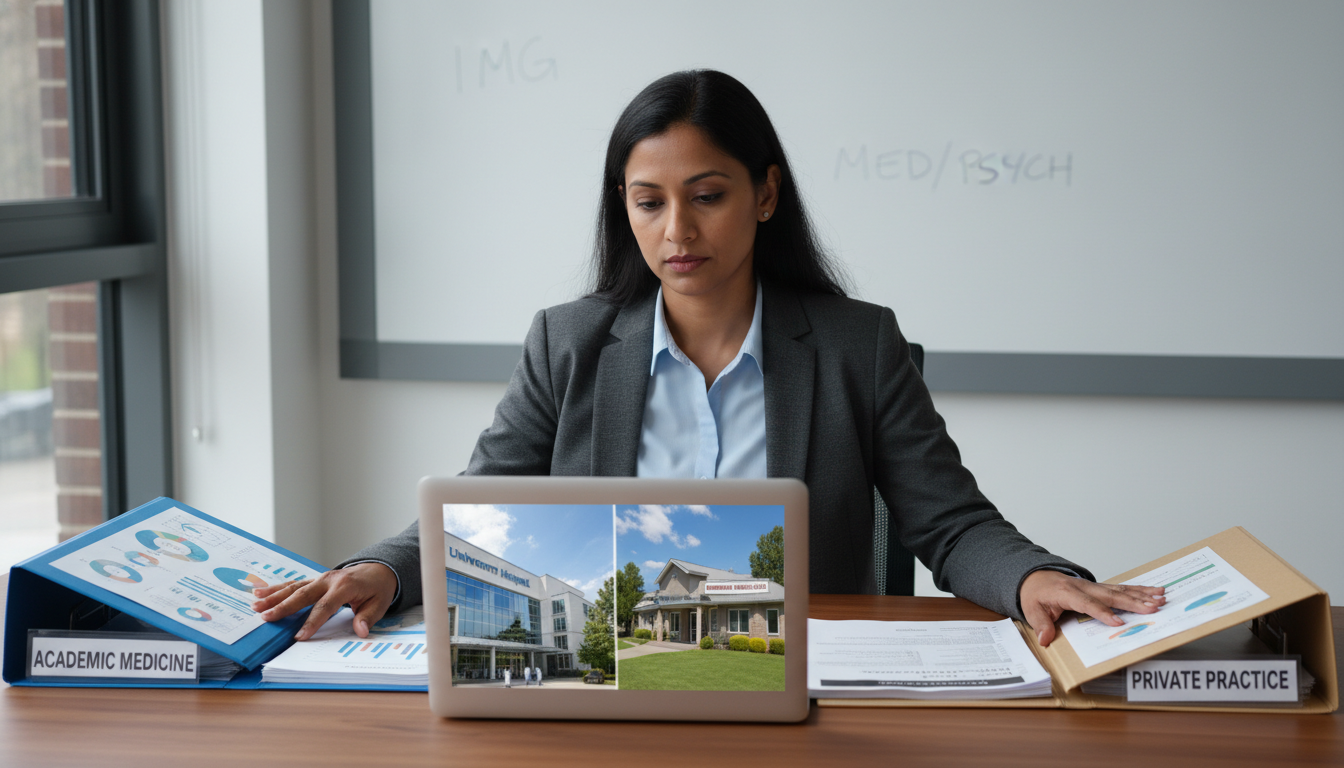 Physician comparing academic medicine and private practice options Physician comparing academic medicine and private practice options - IMG residency guide for Academic vs Private Practice for