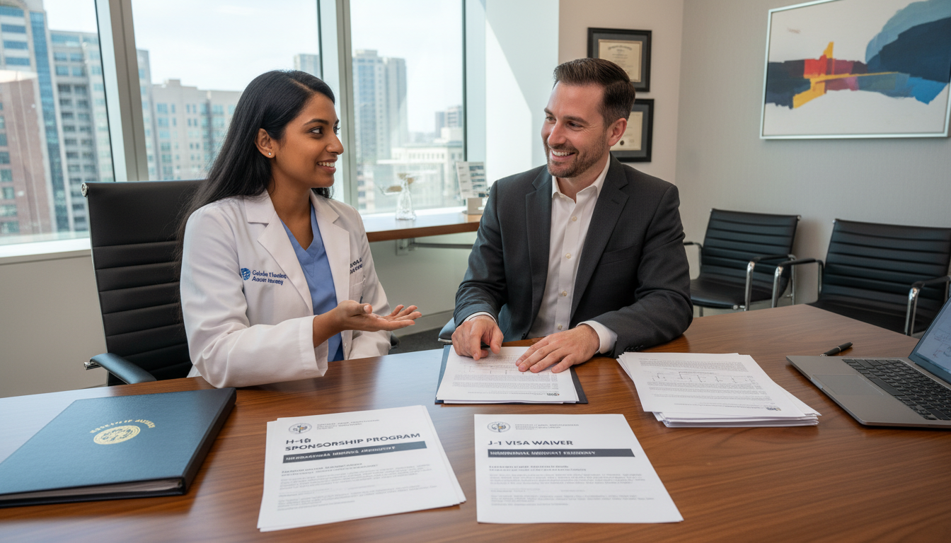 International medical graduate discussing visa options with residency program coordinator International medical graduate discussing visa options with residency program coordinator - IMG residency guide for H-1B Spon