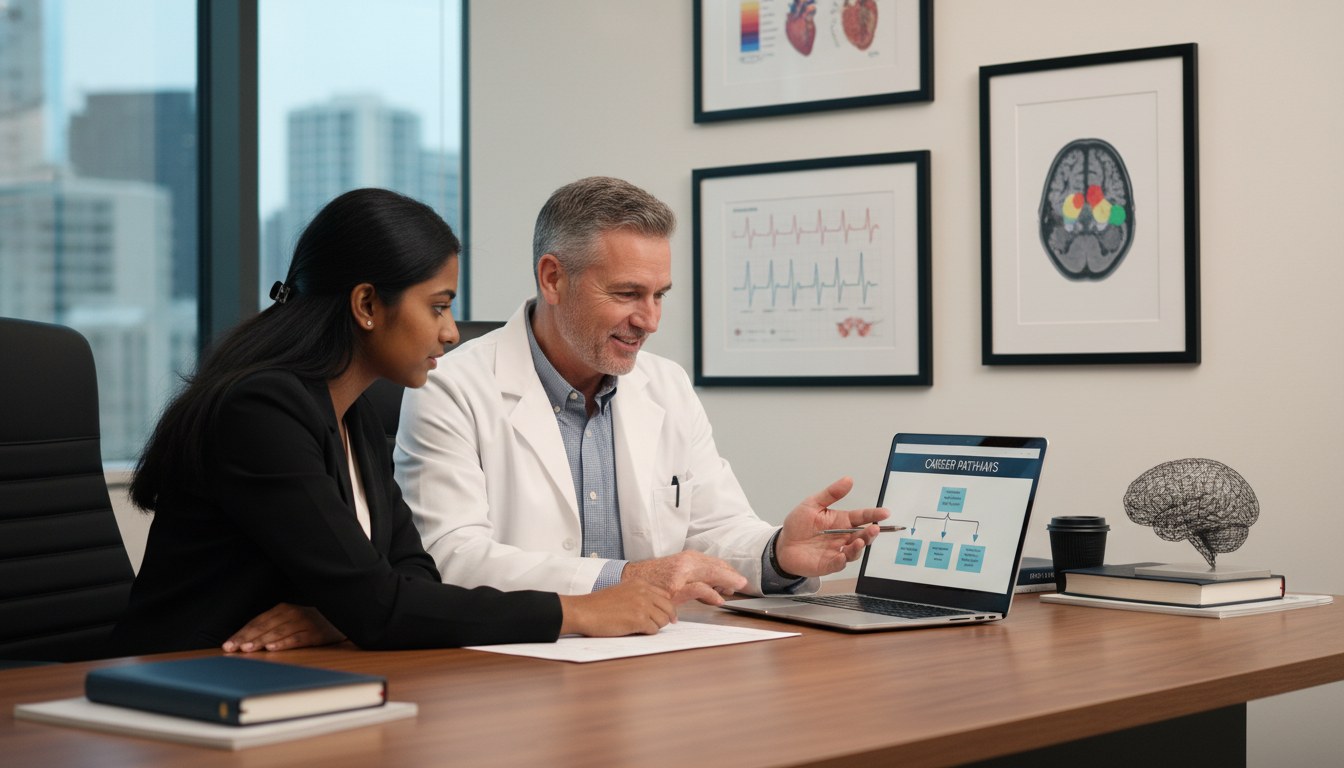 IMG and attending physician discussing career goals in an academic office - IMG residency guide for Networking in Medicine fo