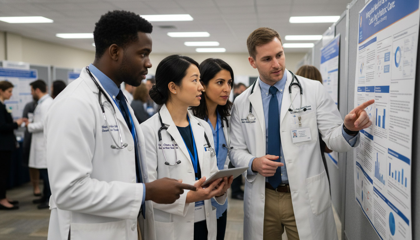 Medicine-psychiatry residents discussing research poster - IMG residency guide for Research During Residency for Internationa