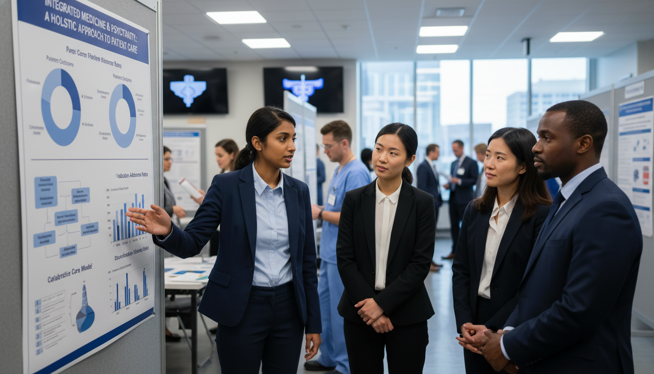 Resident presenting medicine-psychiatry research poster at academic conference Resident presenting medicine-psychiatry research poster at academic conference - IMG residency guide for Research Profile Bui