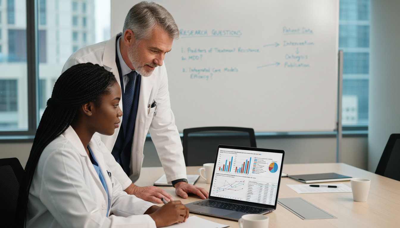 Resident and mentor collaborating on medicine-psychiatry research data Resident and mentor collaborating on medicine-psychiatry research data - IMG residency guide for Research Profile Building fo