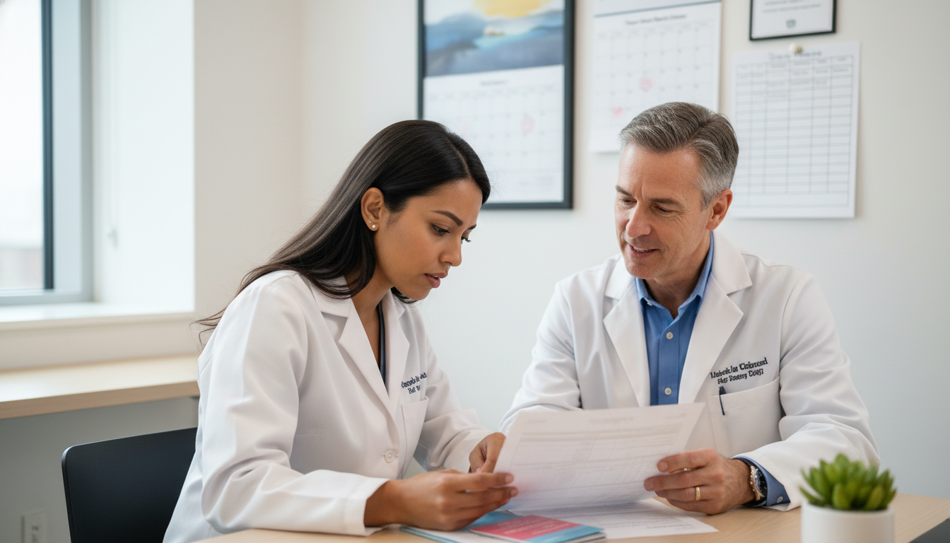 International medical graduate discussing wellness strategies with mentor International medical graduate discussing wellness strategies with mentor - IMG residency guide for Work-Life Balance Assessm