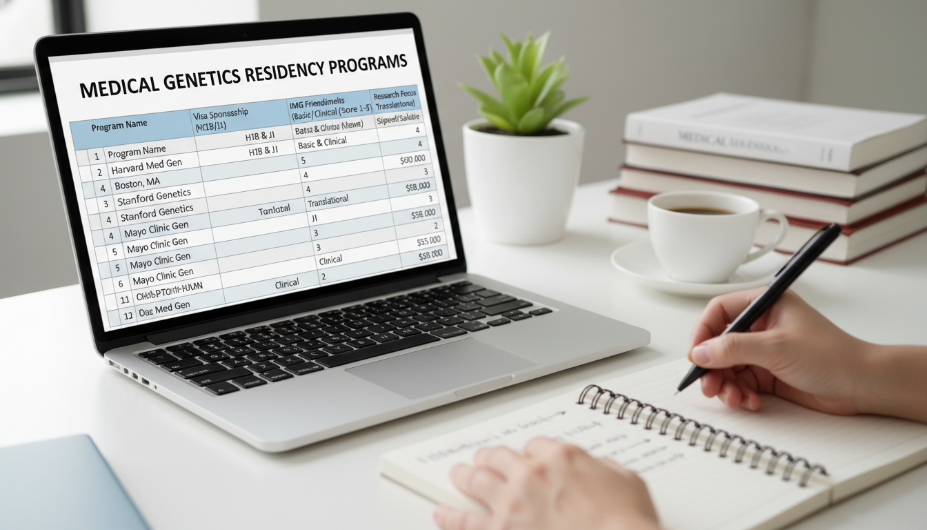 International medical graduate comparing medical genetics residency programs on a spreadsheet - IMG residency guide for Progr