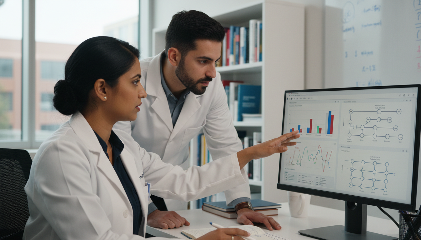 Resident and mentor discussing medical genetics research data Resident and mentor discussing medical genetics research data - IMG residency guide for Research During Residency for Interna