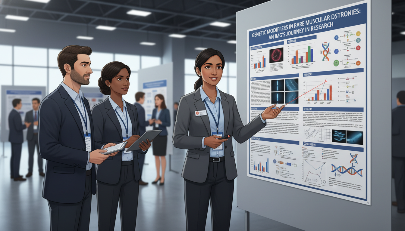 Medical genetics resident presenting research poster at a conference Medical genetics resident presenting research poster at a conference - IMG residency guide for Research During Residency for