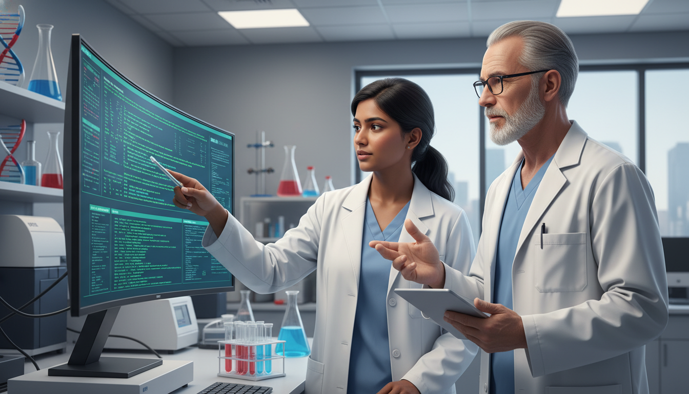 Medical genetics resident working with genomic data and mentor Medical genetics resident working with genomic data and mentor - IMG residency guide for Research Profile Building for Intern