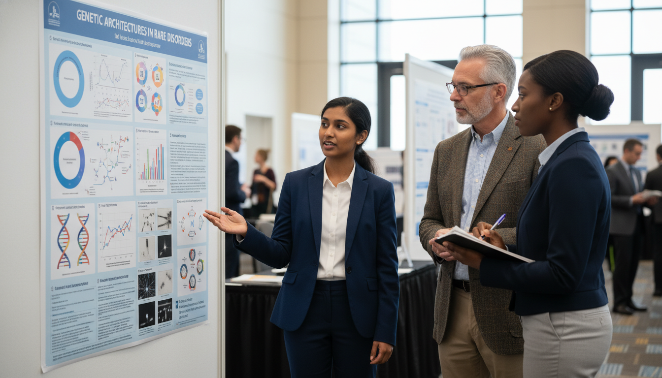Resident presenting genetics research poster at a medical conference Resident presenting genetics research poster at a medical conference - IMG residency guide for Research Profile Building for