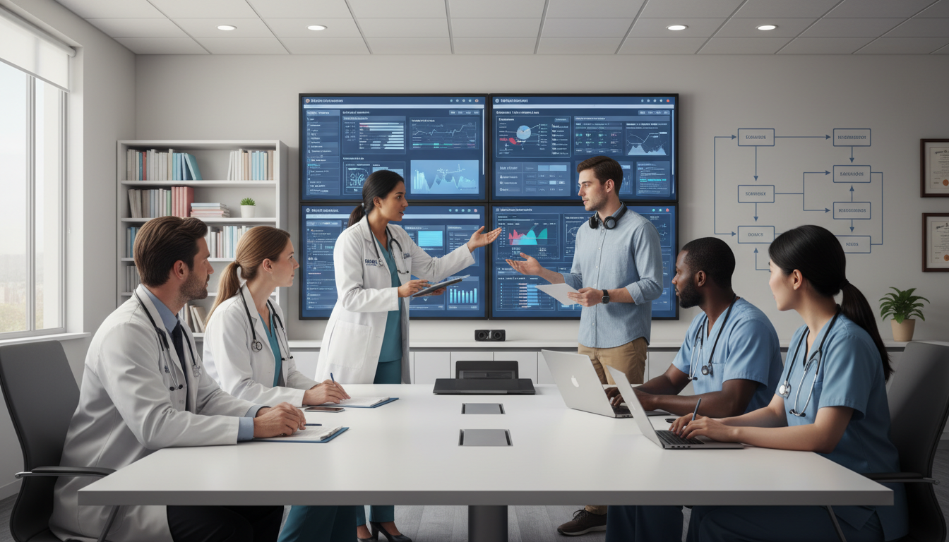 Academic clinical informatics team reviewing EHR optimization project Academic clinical informatics team reviewing EHR optimization project - IMG residency guide for Academic vs Private Practice