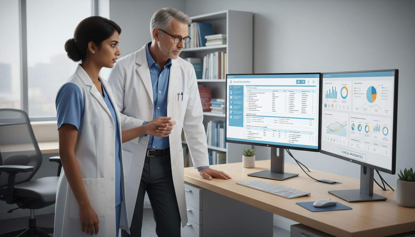 Resident and faculty discussing EHR and clinical data dashboards Resident and faculty discussing EHR and clinical data dashboards - IMG residency guide for Away Rotation Strategy for Interna