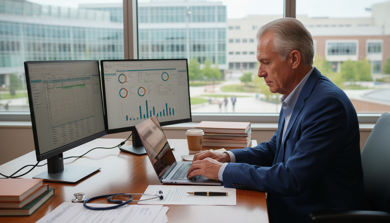 Physician mentor writing a letter of recommendation with clinical informatics systems in the background Physician mentor writing a letter of recommendation with clinical informatics systems in the background - IMG residency guide
