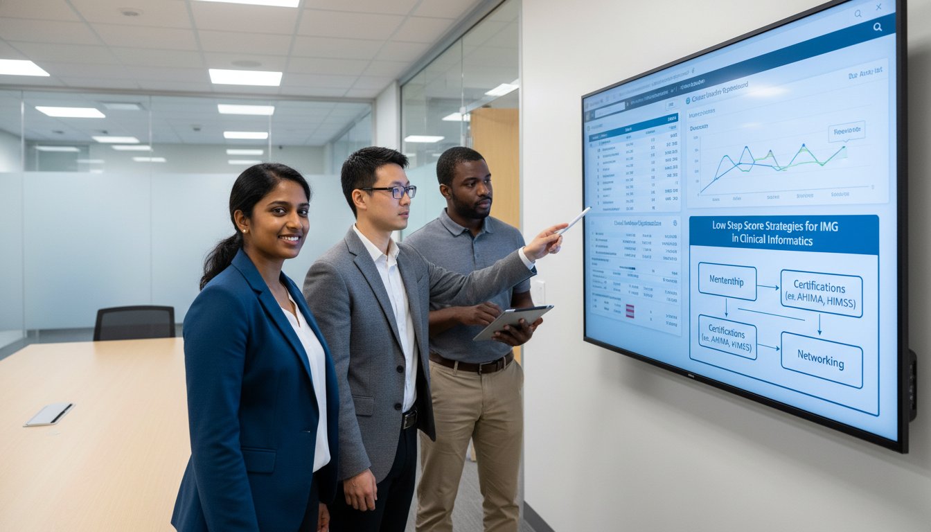 Healthcare team discussing clinical informatics dashboard - IMG residency guide for Low Step Score Strategies for Internation