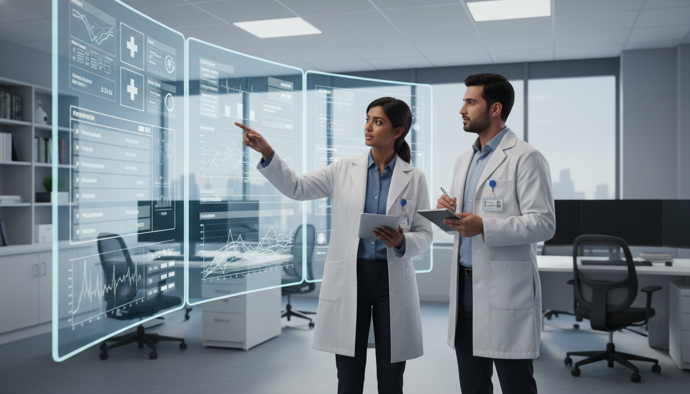 Clinical informatics fellow and international medical graduate reviewing electronic health record data dashboards Clinical informatics fellow and international medical graduate reviewing electronic health record data dashboards - IMG resid