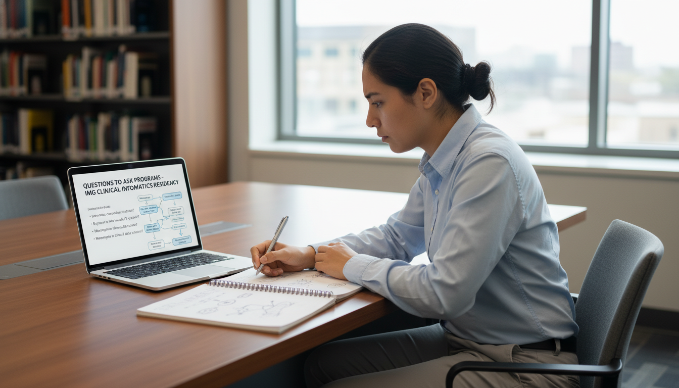 International medical graduate preparing residency and fellowship interview questions on a laptop - IMG residency guide for Q
