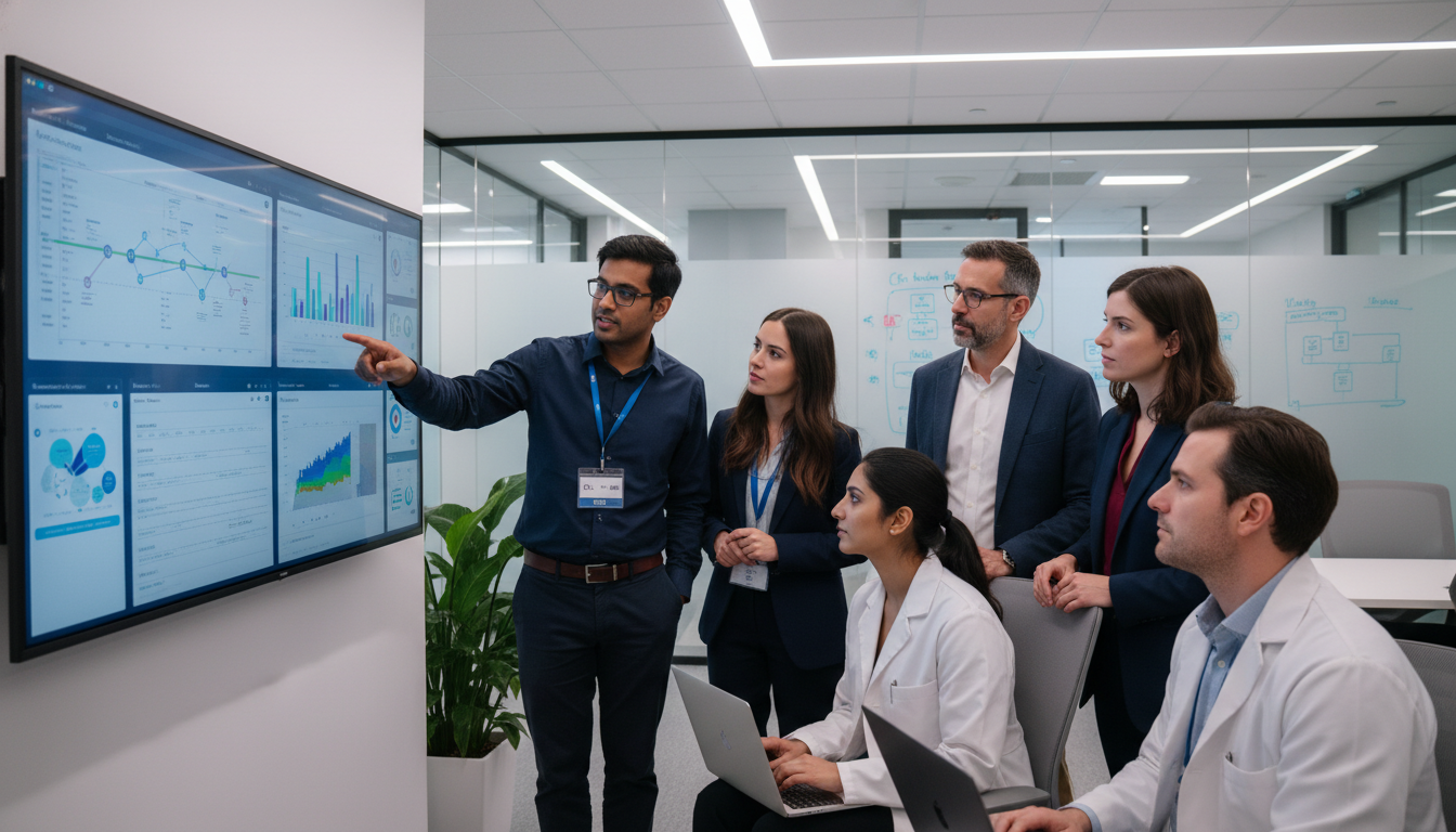 Clinical informatics team including international trainees reviewing digital health dashboards - IMG residency guide for Ques