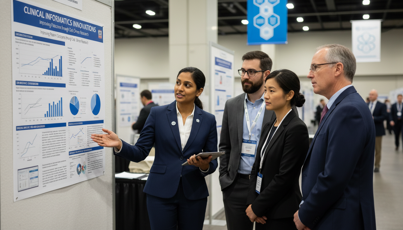 Resident physician presenting clinical informatics research poster at a conference Resident physician presenting clinical informatics research poster at a conference - IMG residency guide for Research During