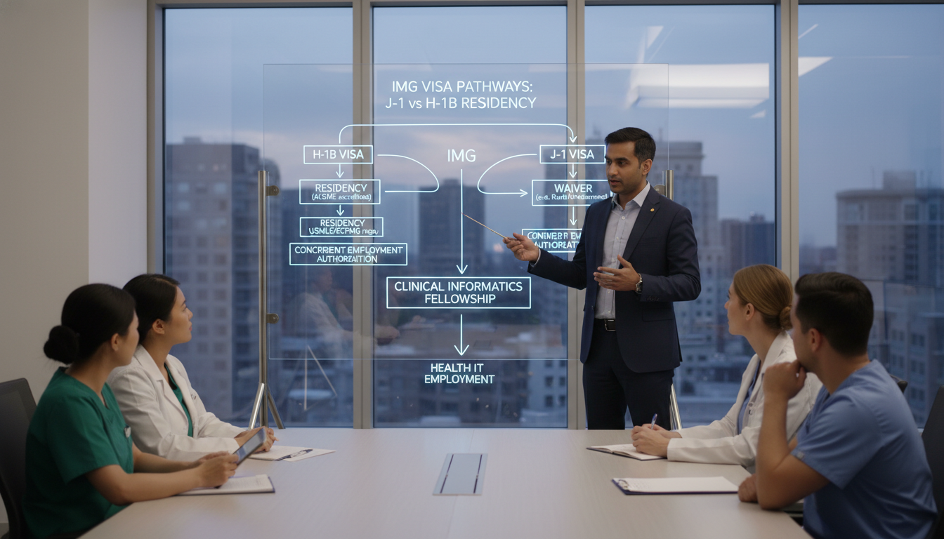 Flowchart of visa pathways for IMG entering clinical informatics residency and fellowship - IMG residency guide for Visa Navi