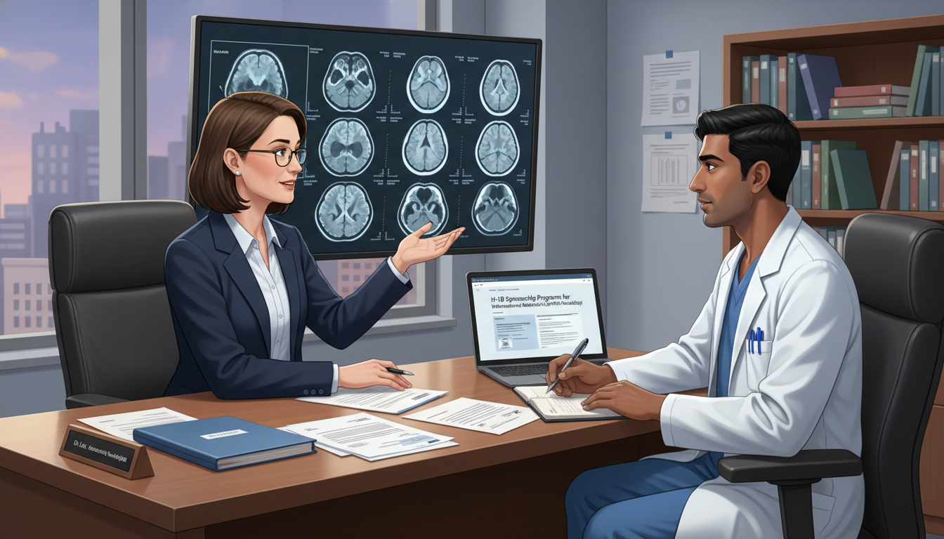 Neurology faculty and IMG resident discussing H-1B sponsorship and career planning Neurology faculty and IMG resident discussing H-1B sponsorship and career planning - IMG residency guide for H-1B Sponsorship