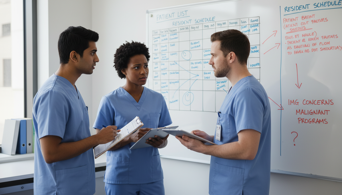 Neurology residents discussing residency workload and well-being Neurology residents discussing residency workload and well-being - IMG residency guide for Identifying Malignant Programs for