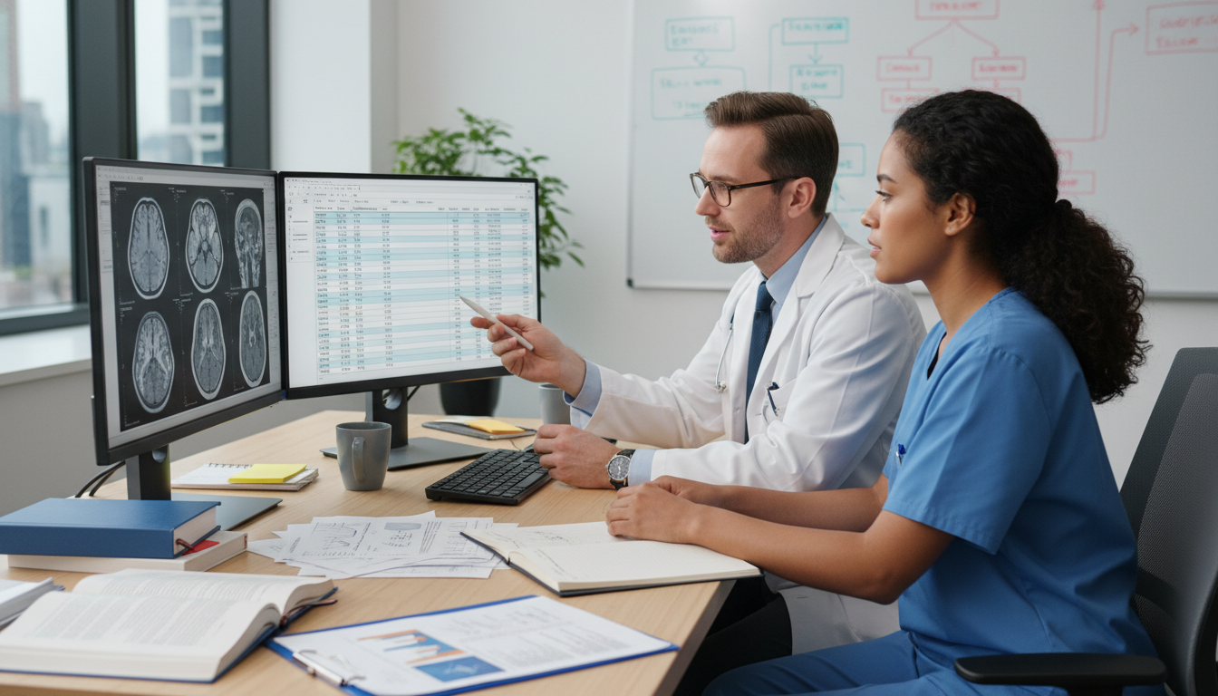 Neurology resident IMG and mentor reviewing brain imaging for a research project - IMG residency guide for Research During Re