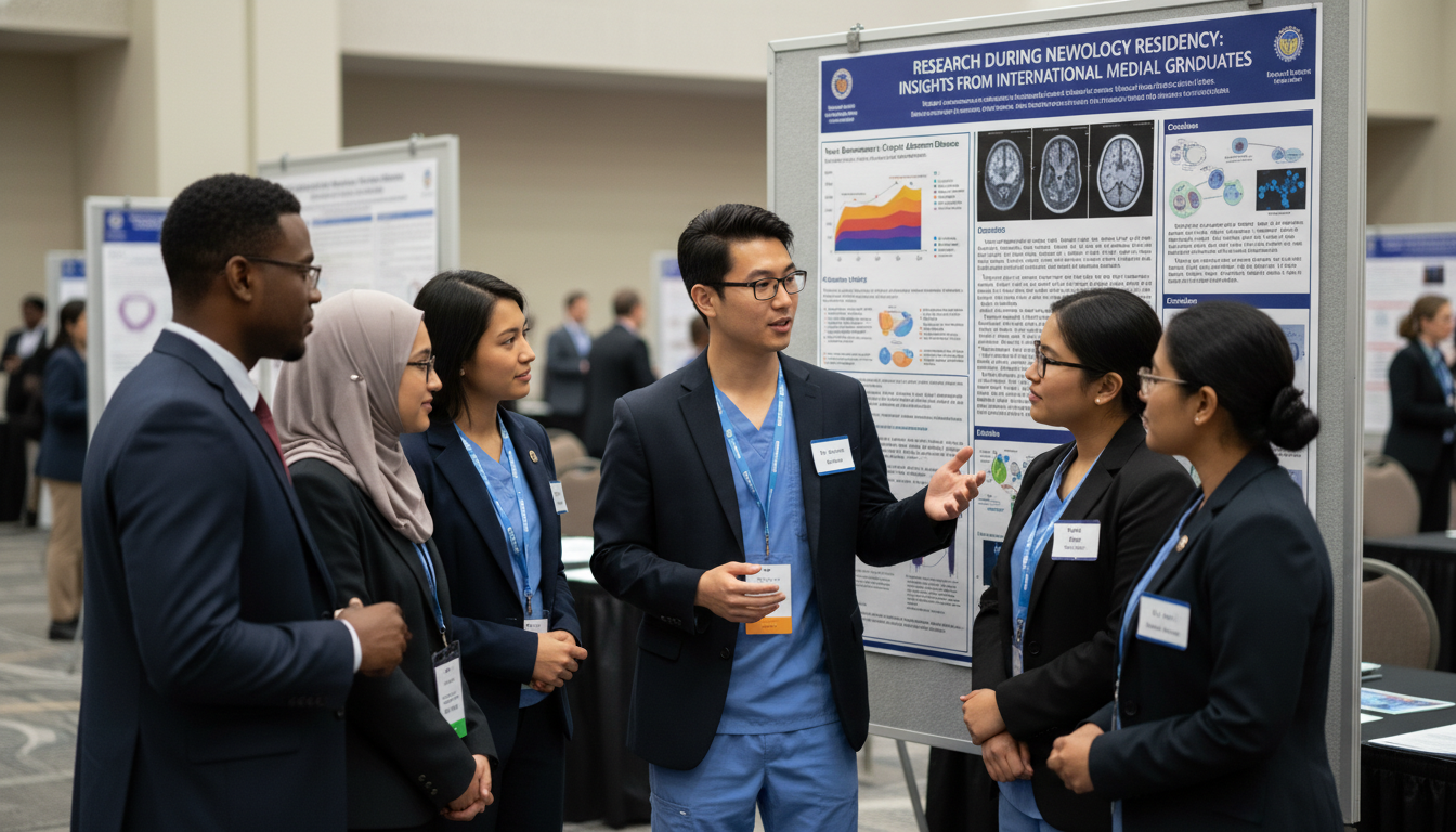 Neurology residents presenting a research poster at a medical conference - IMG residency guide for Research During Residency
