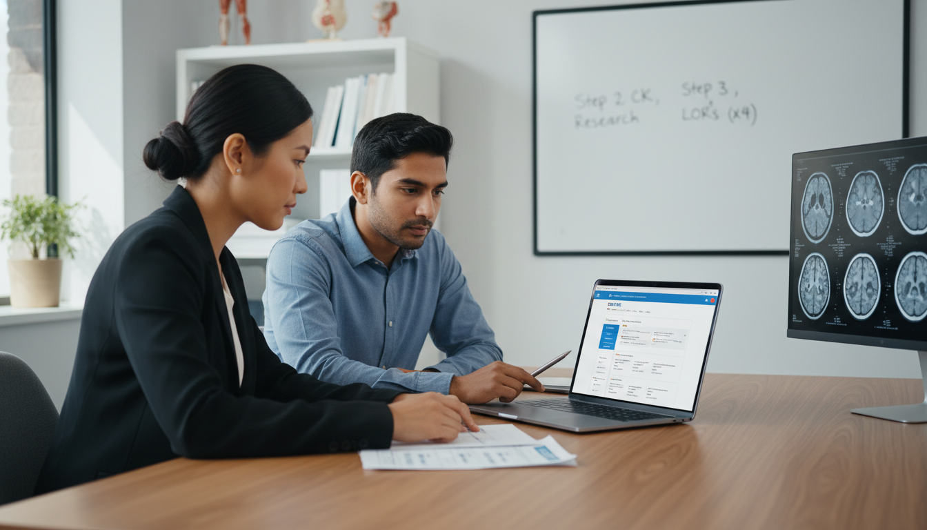 Neurology residency applicant discussing application strategy with mentor - IMG residency guide for Step Score Strategy for I