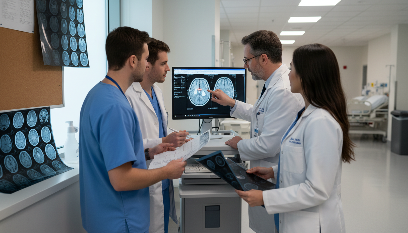 Neurology residents on inpatient service discussing cases Neurology residents on inpatient service discussing cases - IMG residency guide for Work-Life Balance Assessment for Internat