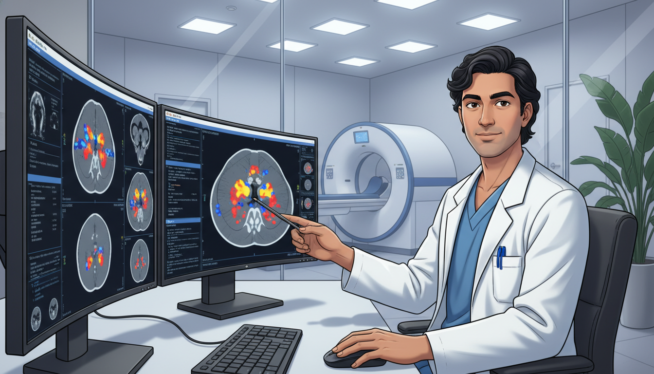Nuclear medicine physician reviewing PET/CT scans in a private imaging center Nuclear medicine physician reviewing PET/CT scans in a private imaging center - IMG residency guide for Academic vs Private P