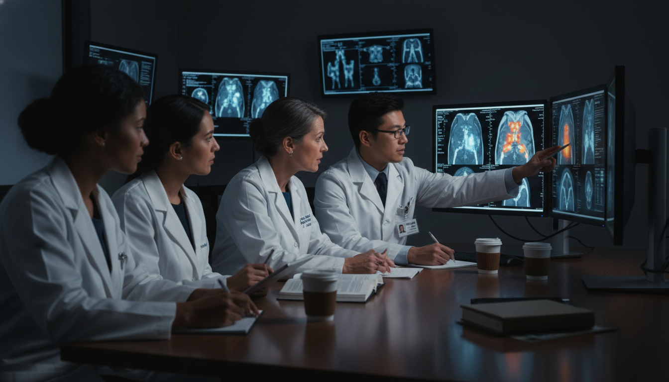 Nuclear medicine team discussing PET/CT images during an away rotation - IMG residency guide for Away Rotation Strategy for I
