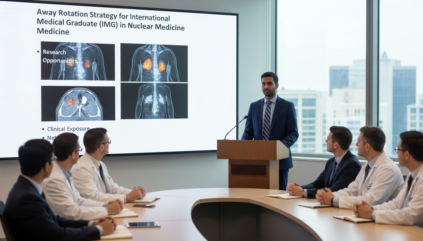 International medical graduate presenting a nuclear medicine case to faculty - IMG residency guide for Away Rotation Strategy