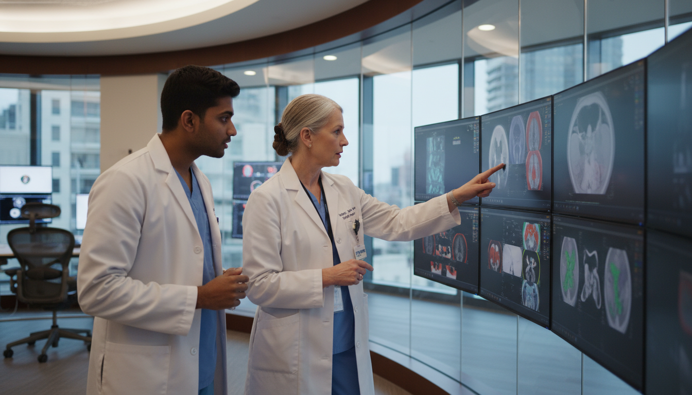 Nuclear medicine resident reviewing PET/CT images with an attending physician Nuclear medicine resident reviewing PET/CT images with an attending physician - IMG residency guide for H-1B Sponsorship Prog