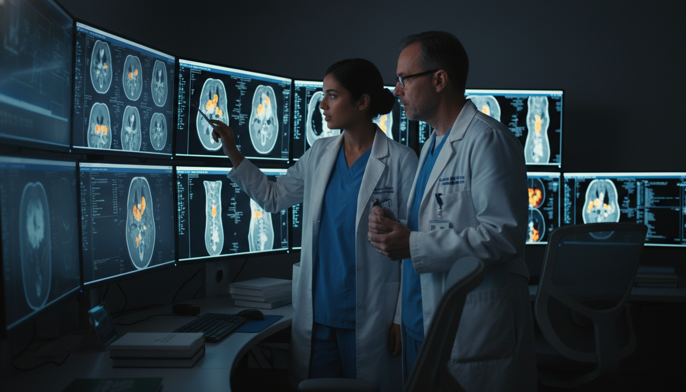 Nuclear medicine resident reviewing PET/CT scans with mentor - IMG residency guide for Common Interview Questions for Interna