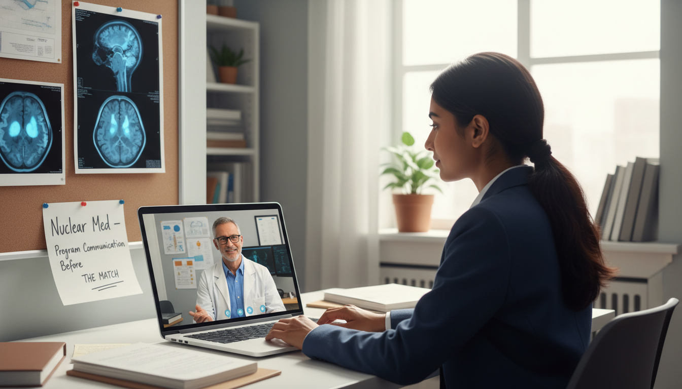 International medical graduate discussing nuclear medicine residency pre-match communication on a video call International medical graduate discussing nuclear medicine residency pre-match communication on a video call - IMG residency