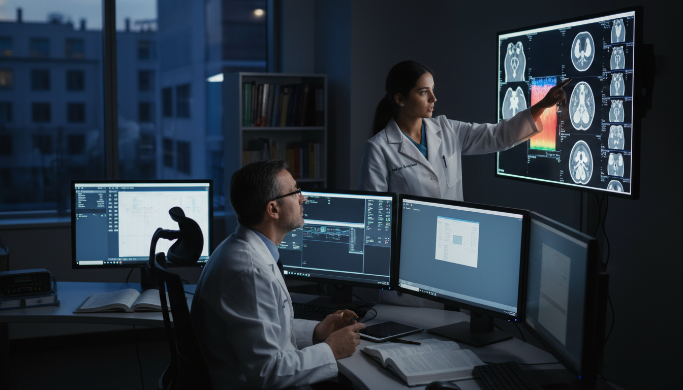 Resident reviewing PET-CT nuclear medicine cases with attending physician Resident reviewing PET-CT nuclear medicine cases with attending physician - IMG residency guide for Questions to Ask Programs