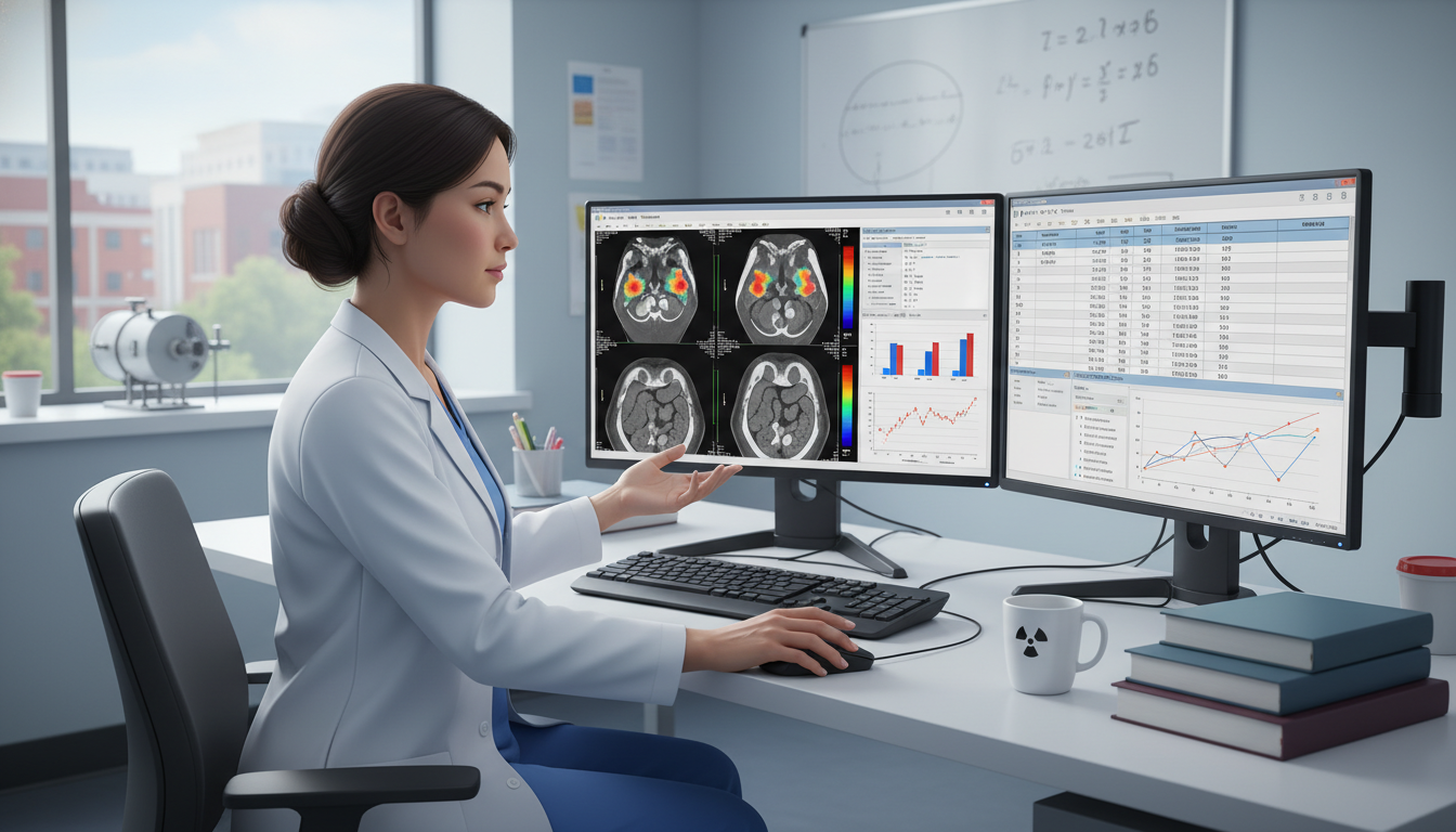 Nuclear medicine resident analyzing PET-CT data for a research project - IMG residency guide for Research During Residency fo