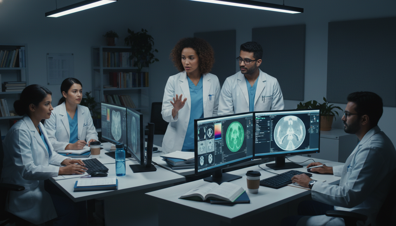 Nuclear medicine residents collaborating in a reading room Nuclear medicine residents collaborating in a reading room - IMG residency guide for Work-Life Balance Assessment for Interna