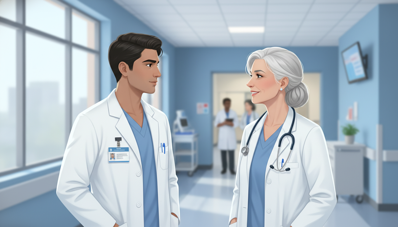 IMG OB GYN resident talking with a senior mentor in a hospital corridor IMG OB GYN resident talking with a senior mentor in a hospital corridor - IMG residency guide for Networking in Medicine for