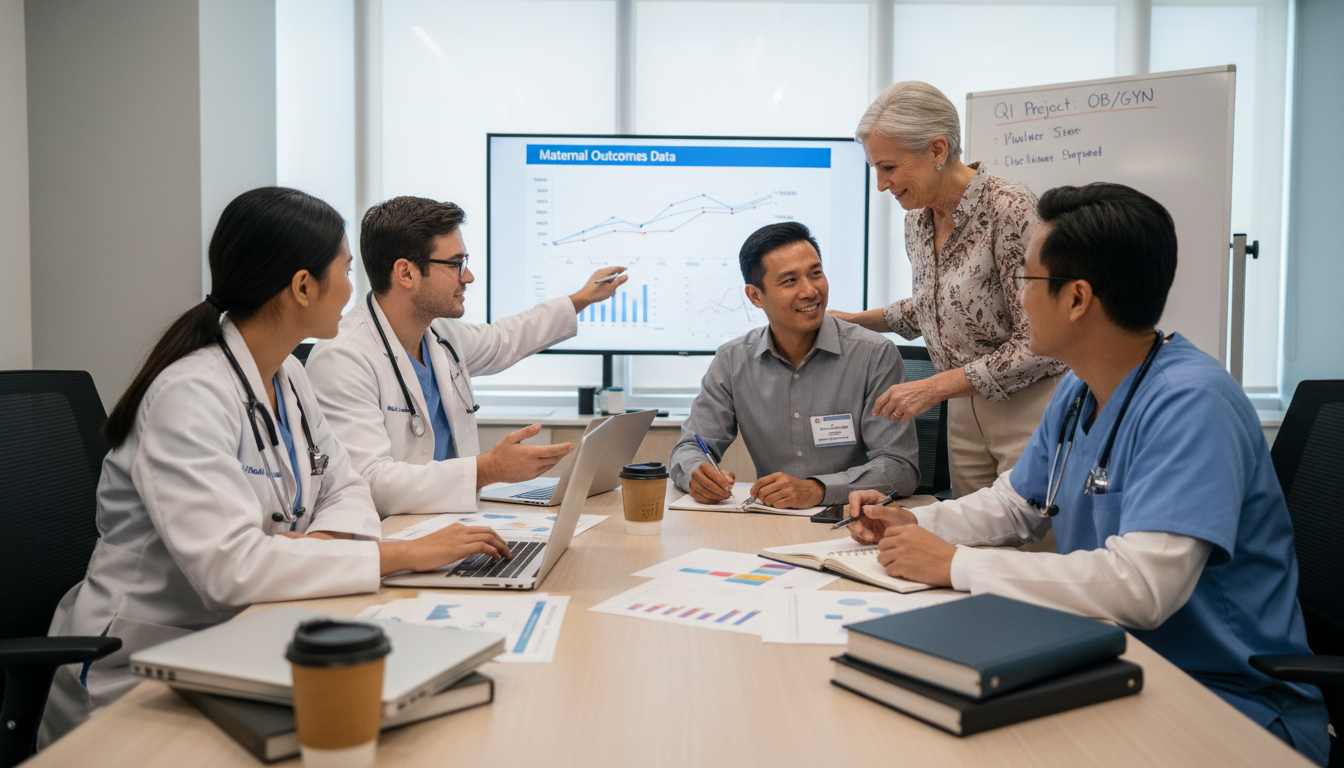 Group of OB GYN residents and an IMG collaborating on a quality improvement project Group of OB GYN residents and an IMG collaborating on a quality improvement project - IMG residency guide for Networking in M