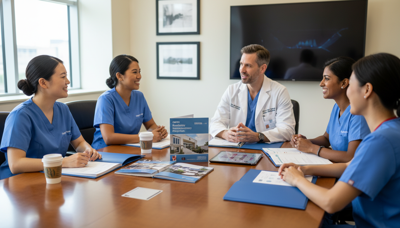 Diverse OB GYN residents and faculty discussing program fit Diverse OB GYN residents and faculty discussing program fit - IMG residency guide for How to Research Programs for Internatio