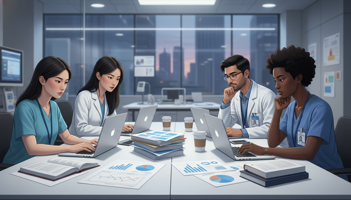 OB GYN residents analyzing data on laptops in hospital workspace OB GYN residents analyzing data on laptops in hospital workspace - IMG residency guide for Research During Residency for Inte